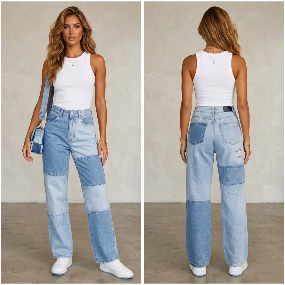 Glassons Patchwork High Waisted Straight Leg Jeans Blue Colorblock Denim Size 8